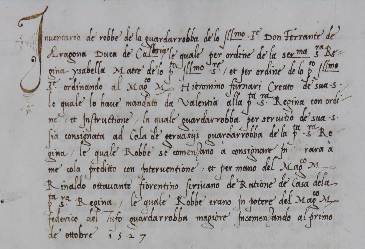 1527 inventory of items of the Wardrobe of Fernando of Aragon, Duke of Calabria sent from Ferrara to Valencia. Valencia, Universitat de València, Biblioteca Histórica, MS 947 [olim 947], fol. 1r (detail). Source: http://roderic.uv.es/uv_ms_0947.